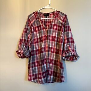 Lane Bryant Red and Gray Plaid Button-Down Shirt